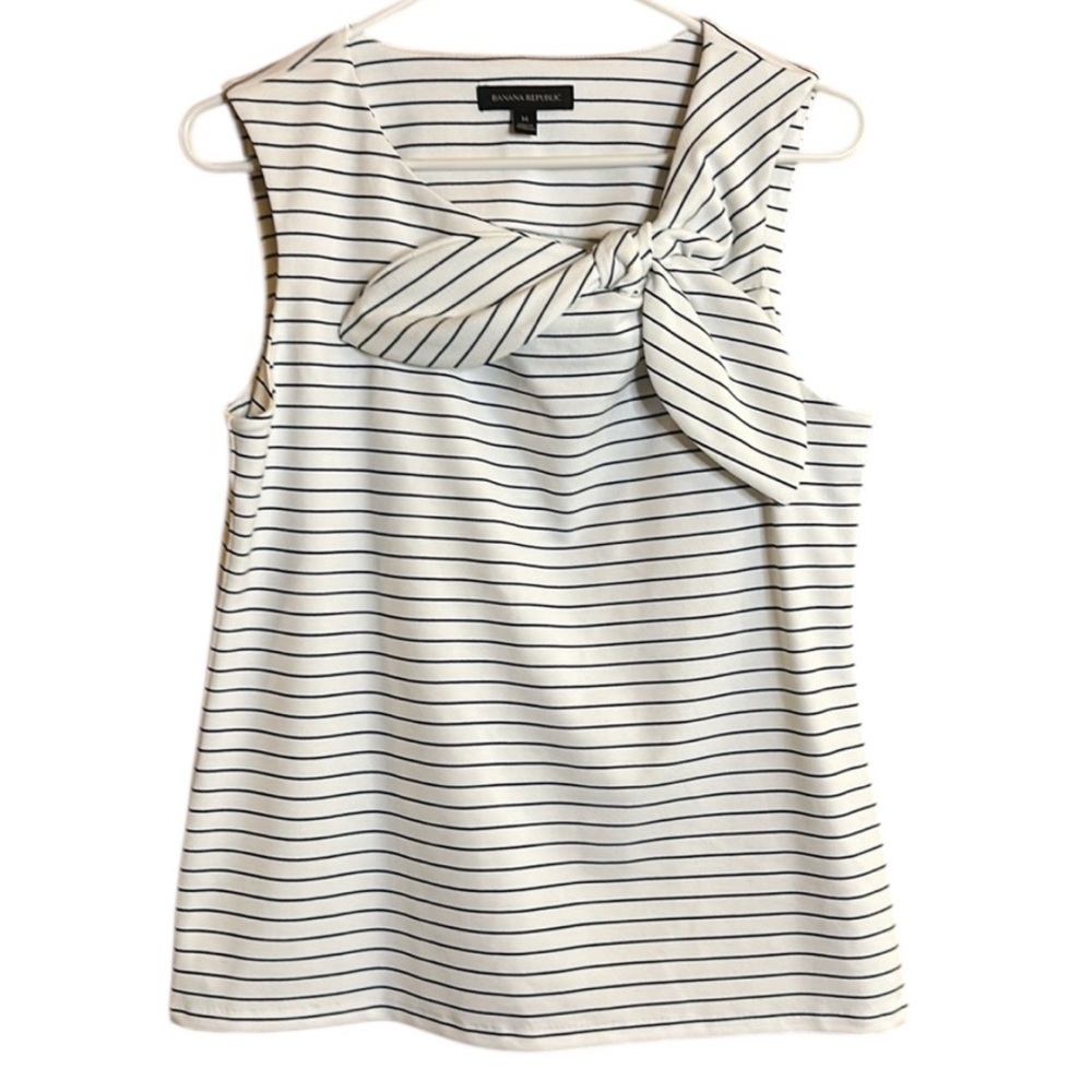 Banana Republic Navy Blue & White Striped Top With Bow
